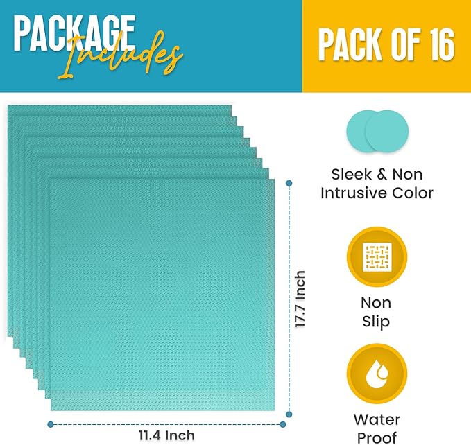 Refrigerator Liners for Shelves (16 Pack) by Linda’s Essentials - Non-Adhesive Shelf or Drawer Liner, BPA-Free Fridge Mats for Kitchen & Cabinets, Easy to Clean, Ideal Household Essentials (Blue)