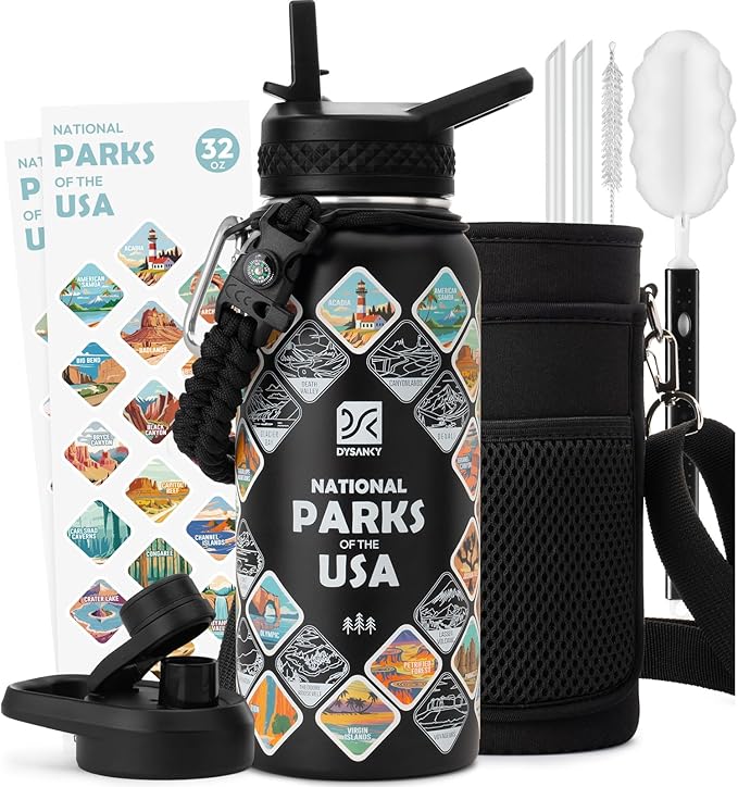 National Parks Water Bottle – 32 oz Insulated Stainless Steel Bottle with 63 Hand-Drawn Park Stickers, Carrier Bag, Strap & Gift Box – BPA-Free – Ideal for Hiking, Camping & Travel