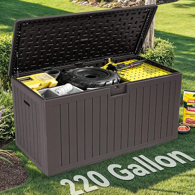 YITAHOME 220 Gallon Extra Large Deck Box, Double-Wall Resin Outdoor Storage Box with Flexible Divider for Patio Cushions Pool Supplies Garden Tools, 990 lbs Load Capacity, Lockable (Brown)