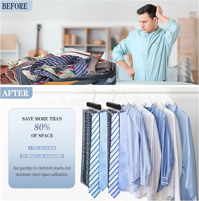 Tie Rack Belt Hanger for Closet Upgraded Non Slip Tie Hanger Space Saving with 20 Foldable Hooks Wooden Belt Tie Organizer for Tank Tops Bras Cami Scarves