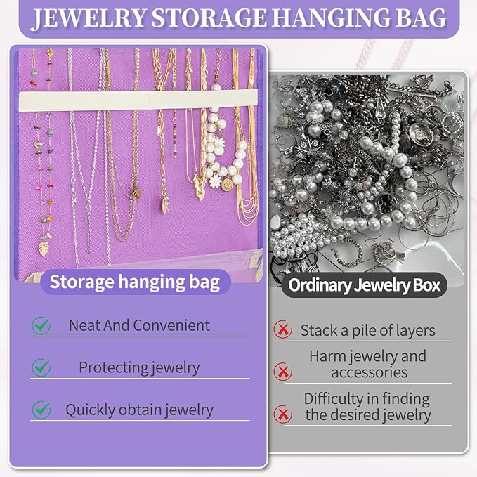 GMAK Hanging Jewelry Organizer with Hanger Metal Hooks, Double-Sided Jewelry Holder Accessories Organizer Storage Roll for Jewelry, Earrings, Bracelets, Necklaces, Rings - Light Purple