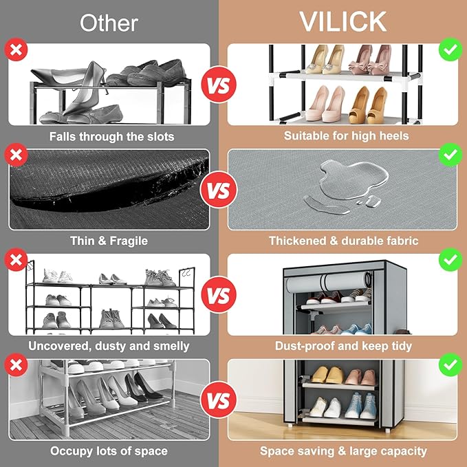 Shoe Rack with Cover Narrow Shoe Rack Organizer with 4 Side Pockets 10 Tier Tall Shoe Storage Shoe Shelf Holds 18-22 Pairs Shoes and Boots Shoe Rack for Closet, Grey