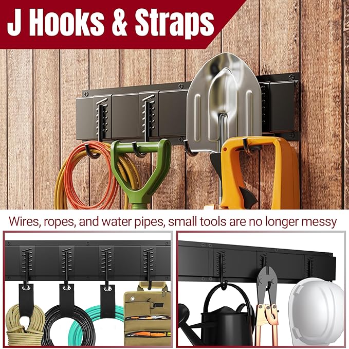 99" Garage Tool Organizer Wall Mount, 8 Multi-Size Hooks & 4 Extension Straps, Heavy Duty Wall Mount Garage Storage Rack, Tool Hanger for Shovels, Rakes, Fits 16" Wall Studs