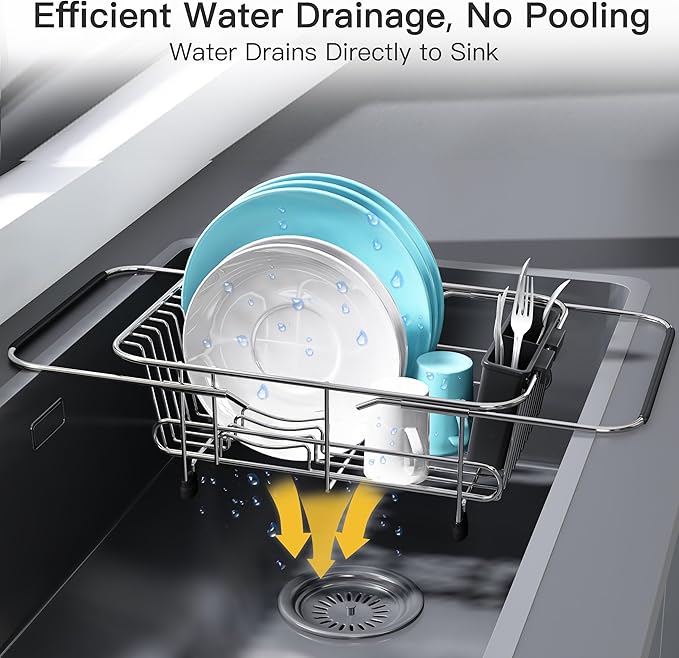 Apartment RV Small Dish Drainer Drying Rack Over The Sink In Stainless Steel for Narrow Kitchen, Counter Space Saving Compact Expandable Metal Plate Dryer Strainer, Modern Above Wire Drain Holder