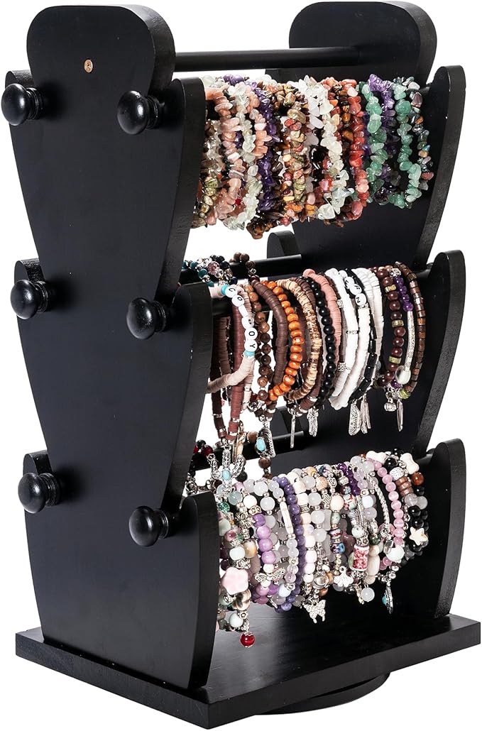 Two-Sided Rotating Wooden Jewelry Bracelet Holder Display Stand with 6 Removable Holders - 3 Tier Bar Bangle Organizer Perfect for Organizing and Showcasing Bracelets, Watches, and Accessories-Black