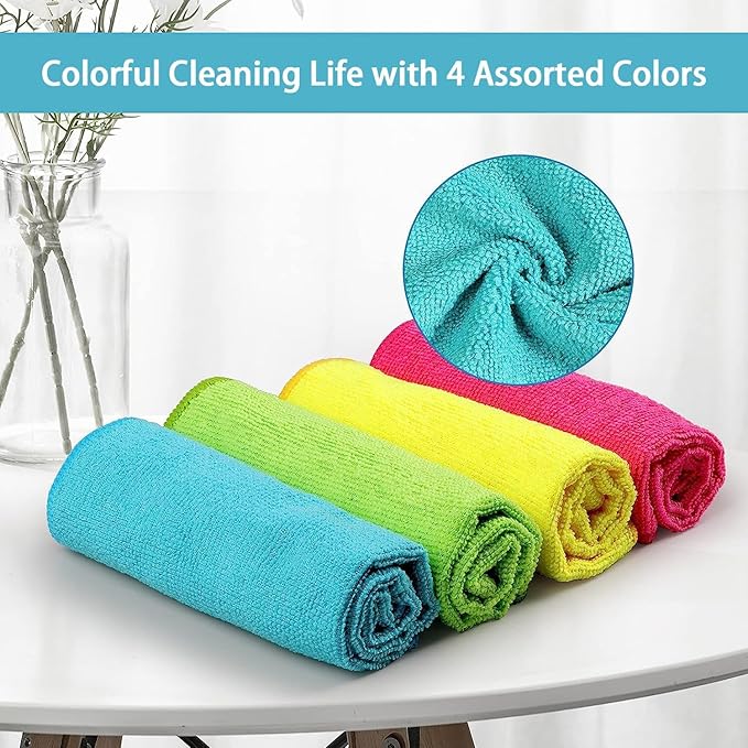HOMEXCEL Microfiber Cleaning Cloth, 5 Pack Cleaning Towels for Kitchen, Lint Free, Scratch-Free, Highly Absorbent, and Reusable Cleaning Rags for House, 11.5 X11.5 inch (Green/Blue/Yellow/Pink)