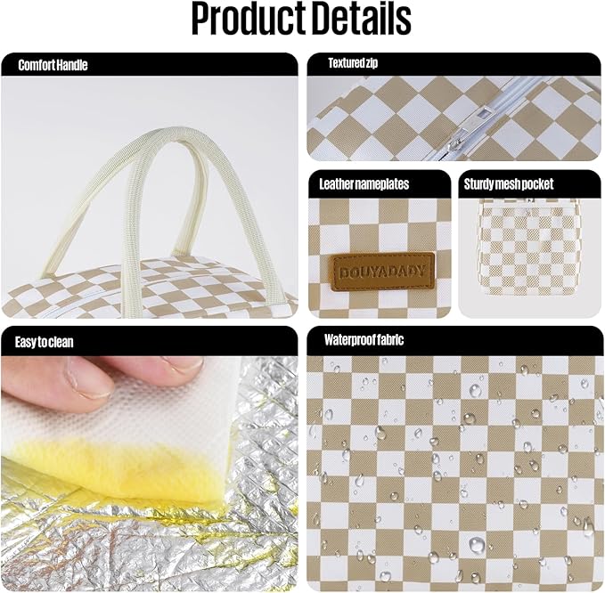 Lunch Bag Women/Men Lunch Box Women/Men (Khaki+White Checkerboard)