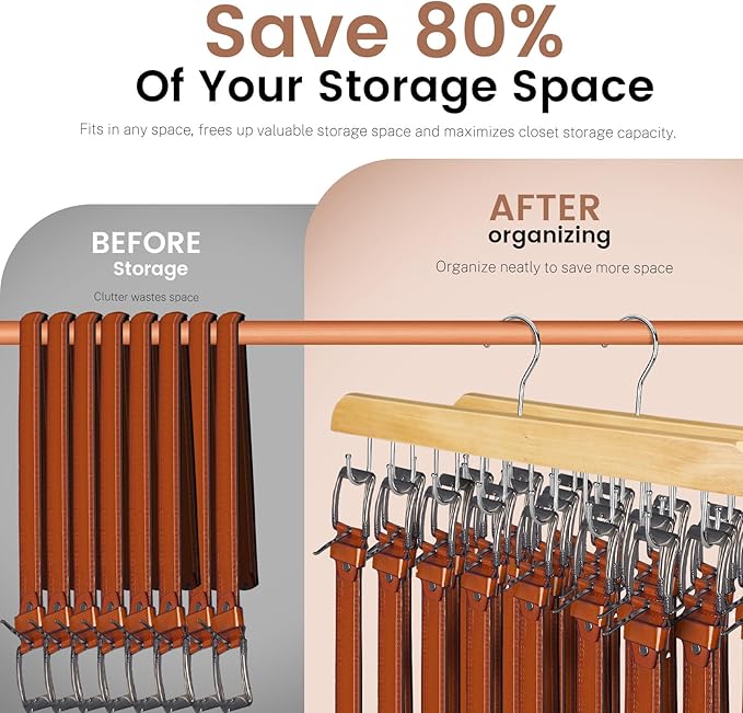 Solid Wood Belt Hanger for Closet, 14 Hooks Belt Organizer Space Saver, 360° Rotating Belt Holder Tie Rack for Men Women Dorm Bra Purse Scarf Tank Top Storage Accessories (Beige)
