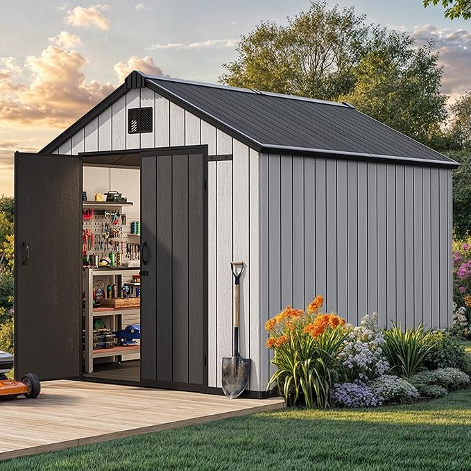 YITAHOME 8x10 FT Outdoor Storage Shed with Lockable Door, Large 544 Cuft Resin Shed with Floor Roof Windows Vents, All-Weather Plastic Storage Shed Tool Organizer for Backyard Garden Patio Lawn, Gray