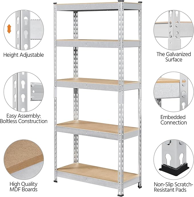 Topeakmart 5-Tier Utility Shelves, Metal Storage Shelves, Adjustable Shelving Units, Boltless Assembly, Garage Shelves Shed Shelving for Warehouse Garage Shed Basement- Silver, 27.5 x 12x 60 Inch