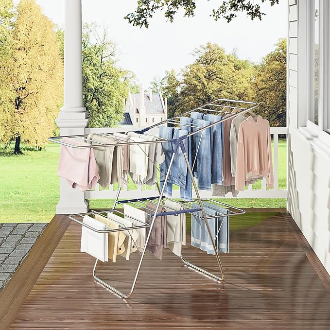 APEXCHASER Clothes Drying Rack, Foldable 2-Level Drying Rack Clothing, Stainless Steel Free-Standing Laundry Airer, with Height-Adjustable 4 Wings, Matte Blue
