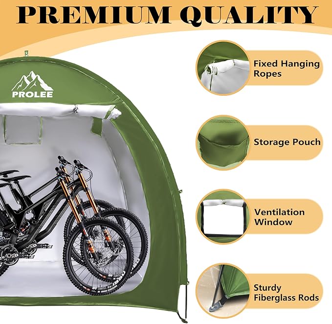 PROLEE Bike Storage Tent,Bike Shed 6.6FT, Waterproof Oxford Fabric Storage Tent for 2-3 Bikes, Outdoor Bicycle Storage with Window Design, Green