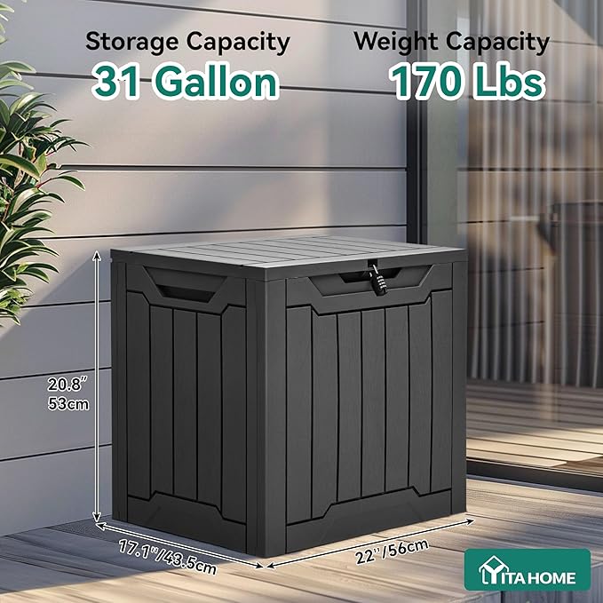 YITAHOME Outdoor Resin Storage Box 31 Gal, Water-resistant Patio Deck Box Outdoor Storage Box for Pillows, Garden Equipment, Securely Lockable, Black