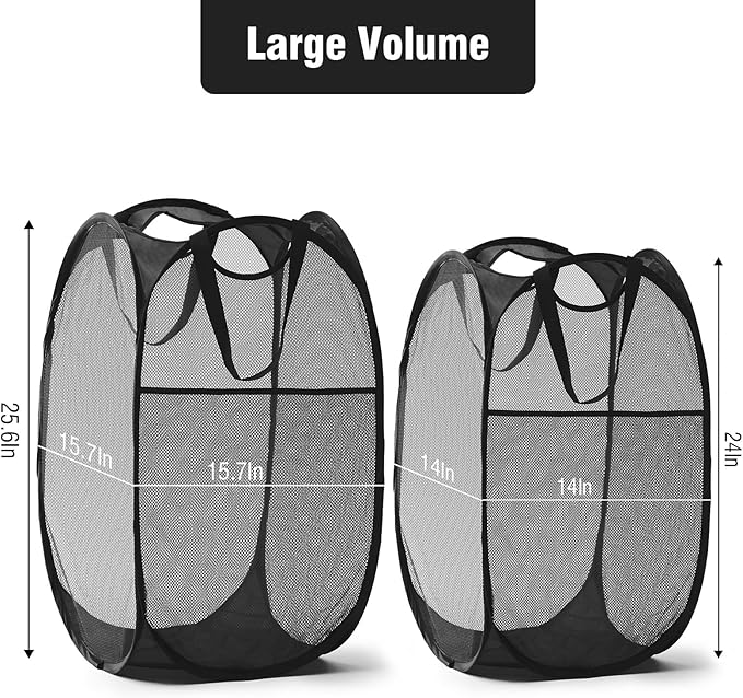 TECHMILLY Upgraded 105L Collapsible Mesh Pop Up Laundry Hamper with Sturdy Handles and Side Pocket - Portable Foldable Clothes Baskets for Dorm, Bathroom & Travel Storage (Black Plus，2 Packs)