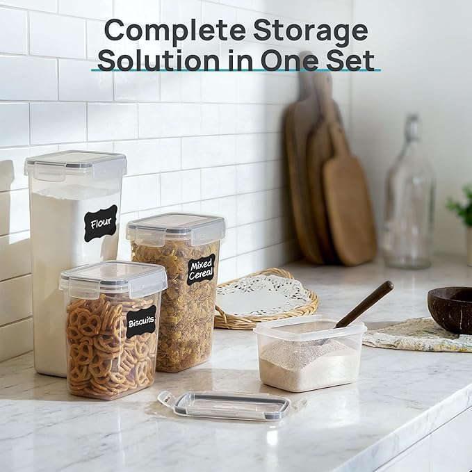 Vtopmart Airtight Food Storage Containers with Lids, 24 pcs Plastic Kitchen and Pantry Organization Canisters for Cereal, Dry Food, Flour and Sugar, BPA Free, Includes 24 Labels，Gray