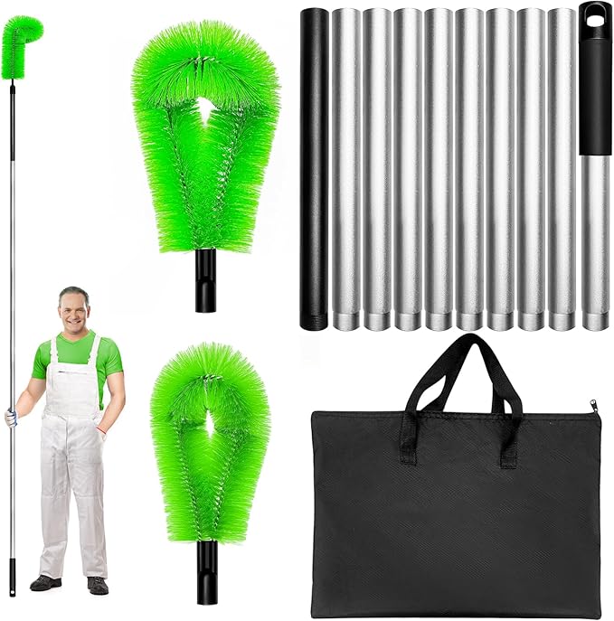 13FT Gutter Cleaner Tools, Long-Reach Rain Gutter Cleaning Brush, Removes Leaf Debris from Roof Gutters Without a Ladder, Leaf Cleaning Kit with 2 Brushes and Storage Bag, Green