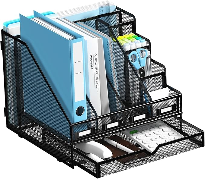 Sinboun Desk File Organizer, 4 Vertical Compartments Rack + 4 Pen Holders + Drawer File Organizer, Metal Desk Magazine Folder Holder for Office, Home, School, Black