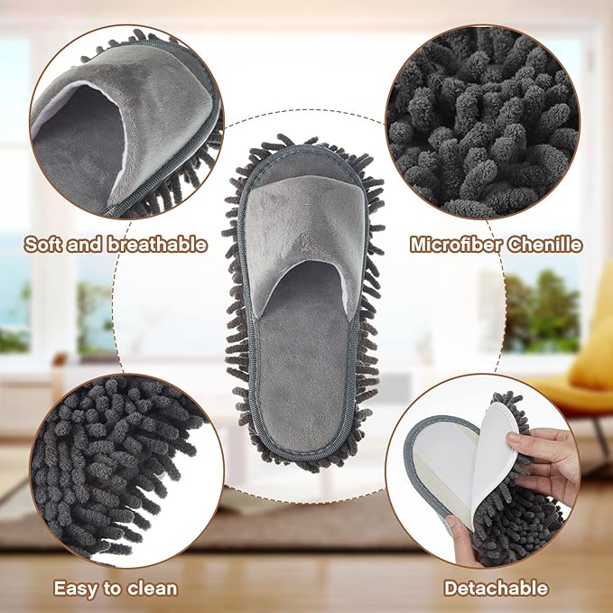 Jecery 2 Pairs Microfiber Cleaning Mop Slippers for Floor Cleaning House Mop Shoes Men and Women Washable Unisex Dusting Slippers Dirt Tool Supplies(Medium,Gray)