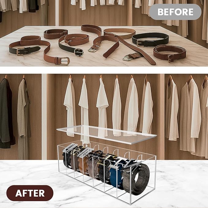 Acrylic Belt Organizer with Separated Cover, 7 Compartment Clear Storage Case for Belts, Ties & Bow Ties | Closet & Drawer Display Holder for Men & Women Dust-proof Rack
