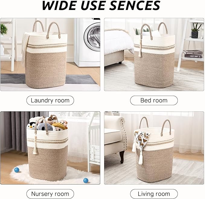 Woven Laundry Basket for Clothes, 80 L Large Rectangle Laundry Hampers with Beads Tassel, Nursery Storage Basket for Toys, Tall Dirty Clothes Hamper for Bedroom Aesthetic, Laundry Room Organization