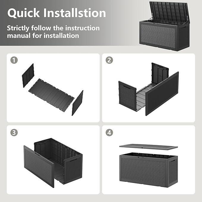 110 Gallon Outdoor Storage Box, Resin Deck Boxes Outdoor Waterproof For Patio Furniture, Garden Tools, Pool Supplies, Lockable And UV Resistant (Rattan Black)