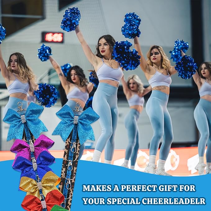 ALIBBON Cheer Bow Holder Glitter Teal Blue Leopard Print Hair Bow Holder Cheer Keychain for Cheerleading Backpack Bag Cheerleader Gifts Sports Cheerleading Bows Storage Hanging Ribbon Chain 5 Clasps