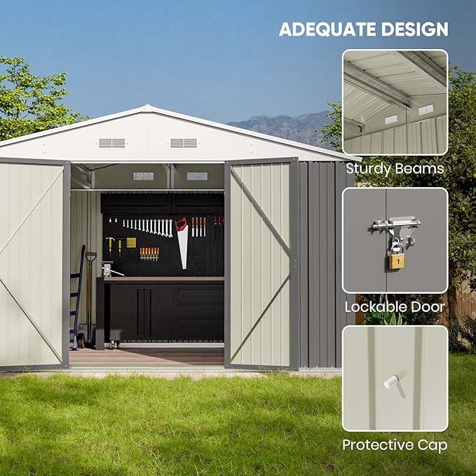 Patiowell 10 x 8 FT Outdoor Storage Shed with Floor Frame, Large Garden Tool Metal Shed with Sloping Roof and Double Lockable Door for Backyard Garden Patio Lawn,Grey