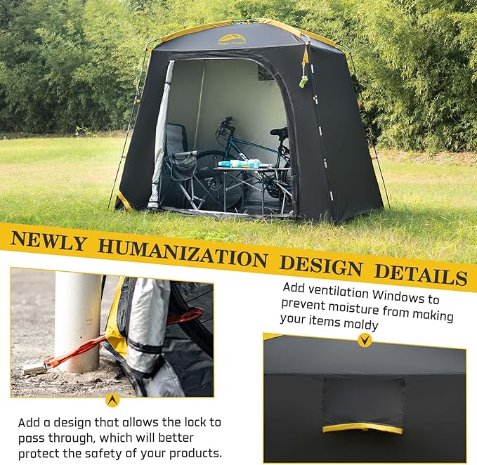 Happy Travel Bike Storage Shed Tent, Waterproof Portable Bike Cover with 40% More Top Space for 2/3/4/5 Bikes,Clips Easy Setup Sheds Shelter with Lockable Bicycle Design for Garden Tools, Lawn Mower