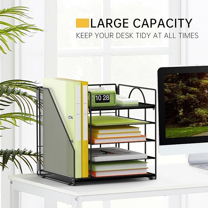 5 Tier Desk Organizer with Vertical File Holder, Desktop File Organizer for Office Home School, Black