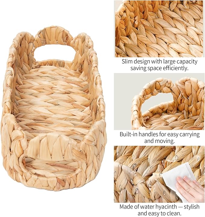 Toilet Tank Basket,Toilet Paper Storage Basket Bathroom Counter Organizer Wicker Baskets for Organizing,Holds Up to 3 Mega Rolls,Natural Water Hyacinth Boho Decor Bathroom