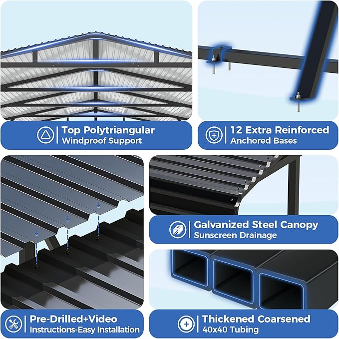 20’x20’ Carport Canopy Metal Carport Heavy Duty Car Port Galvanized Steel Roof, Reinforced Stable Triangle Frame Enhanced Base for Snowy Windy Carports Car Tent for Car,Pickup,RV,Tractor,Boat