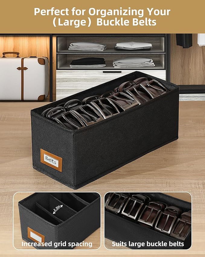 4 PCS Belt Organizer for Drawer & Closet, 6 Grids Foldable Fabric Belt Holder, Washable Belt Storage Box, Tie Organizer for Men