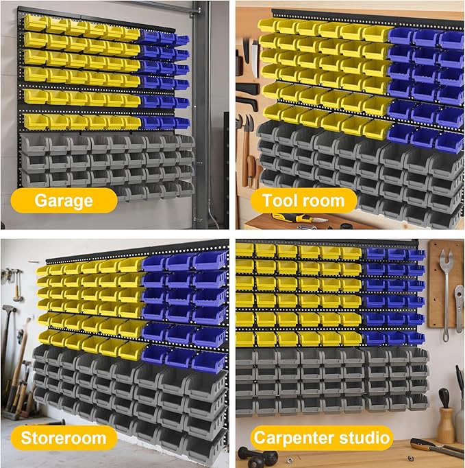 Wall Mounted Storage System 90PCS - Heavy-Duty Plastic Bins for Garage，Home, Closet & Bedroom Organization, Rack Holds Nuts, Bolts, Tools, Hardware