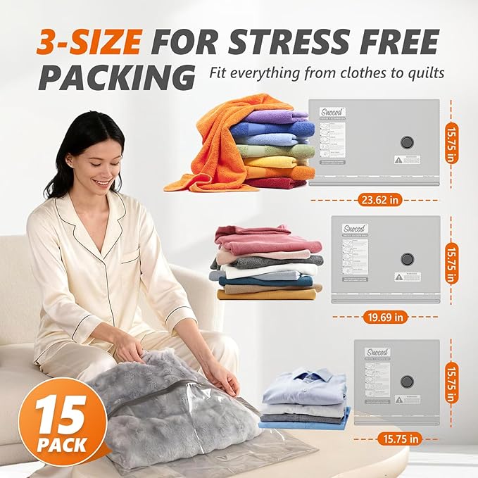 15 Pack Vacuum Seal Bags for Clothing Travel with -70KPa Electric Pump, Space Saver Storage, Reusable Vacuum Bags with Pump, Heavy Duty for Travel, White