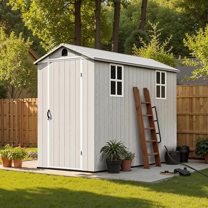 Patiowell 4 x 8 FT Plastic Outdoor Storage Shed with Floor, Garden Tool Resin Storage Shed with Two Windows and Single Lockable Door for Garden, Backyard, Lawn, Easy to Install, Light Grey