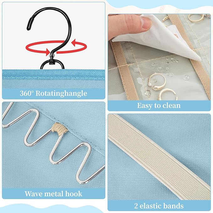 GMAK Hanging Jewelry Organizer with Hanger Metal Hooks, Double-Sided Jewelry Holder Accessories Organizer Storage Roll for Jewelry, Earrings, Bracelets, Necklaces, Rings - Light Blue