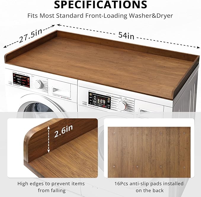 Washer Dryer Countertop, 27.5" x 54" Bamboo Washer and Dryer Countertop for Laundry Room Organization(Retro Brown)