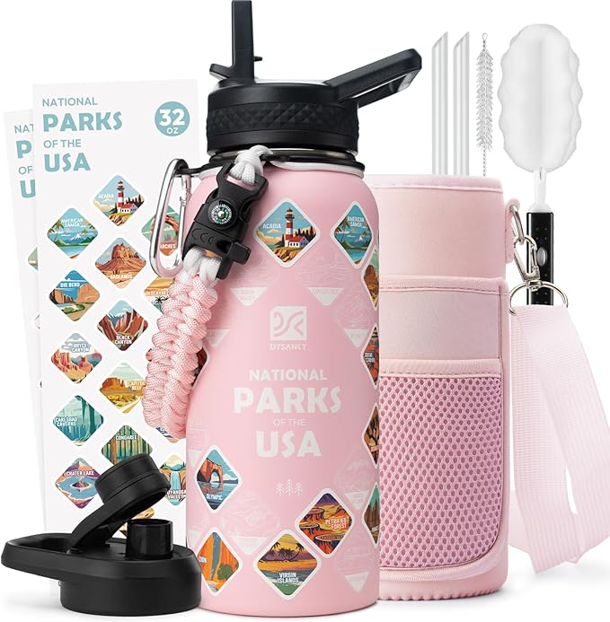 National Parks Water Bottle – 32 oz Insulated Stainless Steel Bottle with 63 Hand-Drawn Park Stickers, Carrier Bag, Strap & Gift Box – BPA-Free – Ideal for Hiking, Camping & Travel