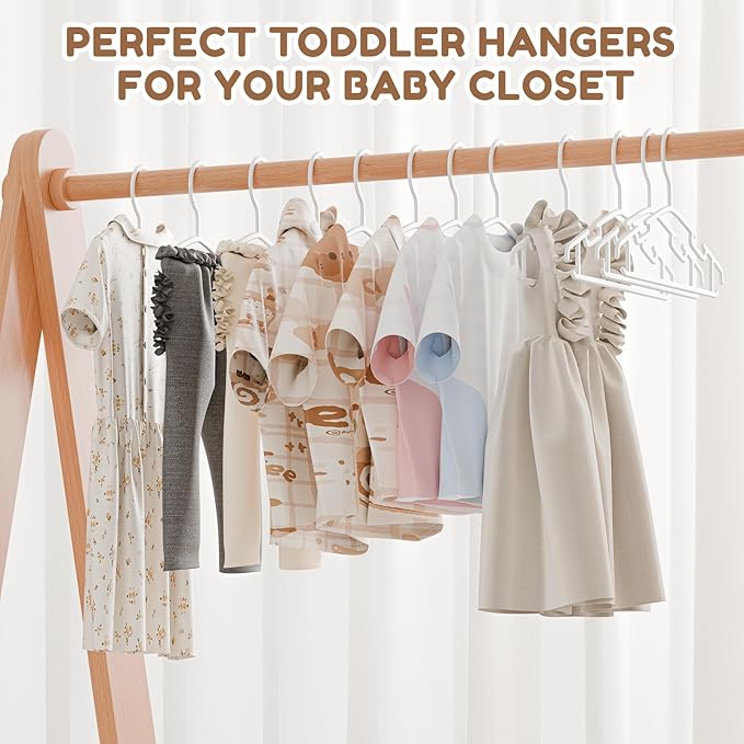 Kids Plastic Hangers, Baby Clothes Hangers for Closet 100 Packs Non-Slip Toddler Hangers for Infant Child Clothing, Small Children, for Pants Coats Skirts (White)