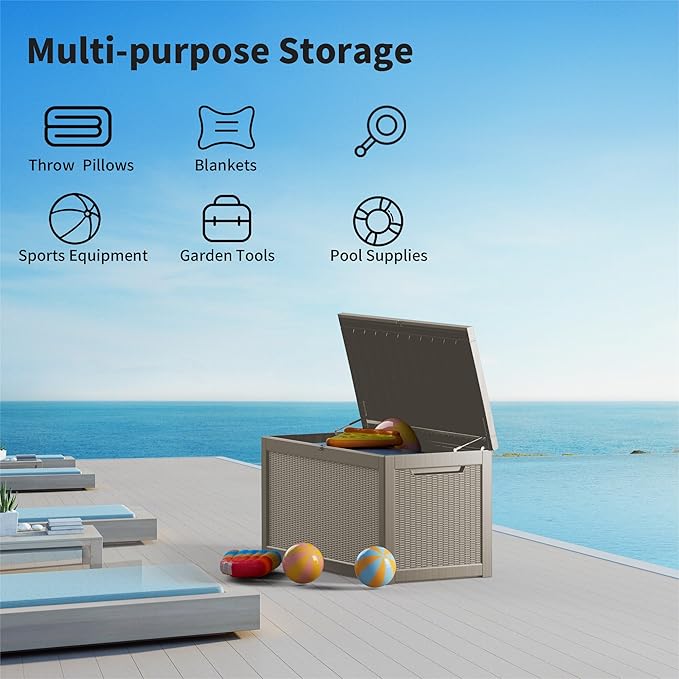 Outdoor Storage Deck Box Waterproof, 320 Gallon Large Lockable Patio Storage Bin Chest, Resin Outside Container Seat Bench for Furniture Cushions, Pool Accessories, Garden Tools & Delivery, Grey