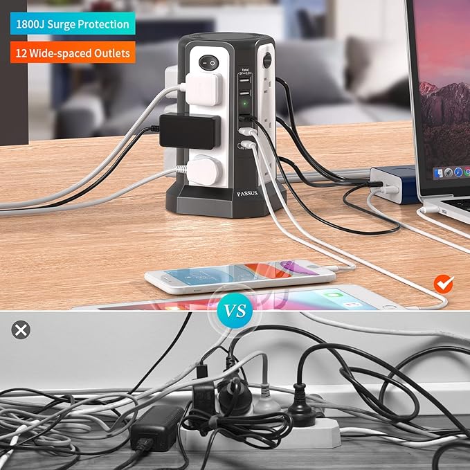Surge Protector Power Strip Tower with PD18W USB C Port, PASSUS Charging Tower with 5 USB, 10FT Extension Cord with 12 AC Multiple Outlets, Overload Protection for Home Office Dorm Room
