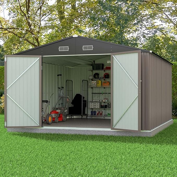 Patiowell 10x12 FT Storage Shed, Outdoor Metal Sheds with Lockable Door and Sloping Roof, Waterproof Outside Large Garden Tool Shed with Breathable Vents for Patio Lawn Backyard, Brown