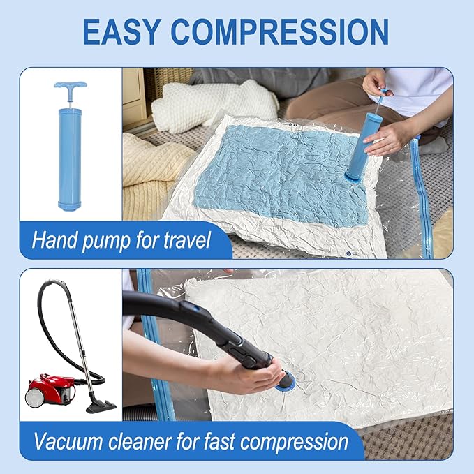 16 Combo Vacuum Storage Bags with Hand Pump, 4 Jumbo + 4 Large + 4 Medium + 4 Small Plastic Packaging Bags, 80% Space Saver Vacuum Seal Bags for Clothing, Travel Lugggage, Blankets, Comforters