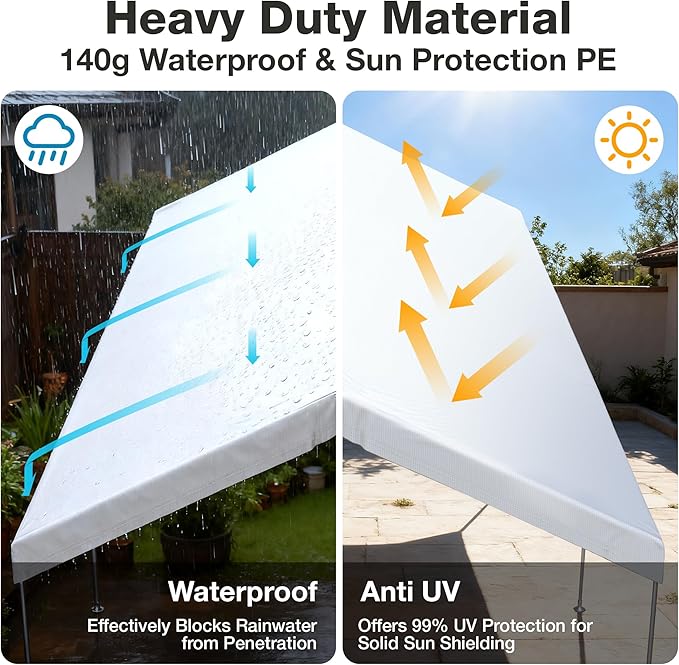 10x20 FT Carport Replacement Canopy Top Upgraded Car Port Canopy Cover for Carport Party Tent Waterproof & UV Protected, Easy Installation with Ball Bungees, White (Top Cover Only, Frame Not Included)