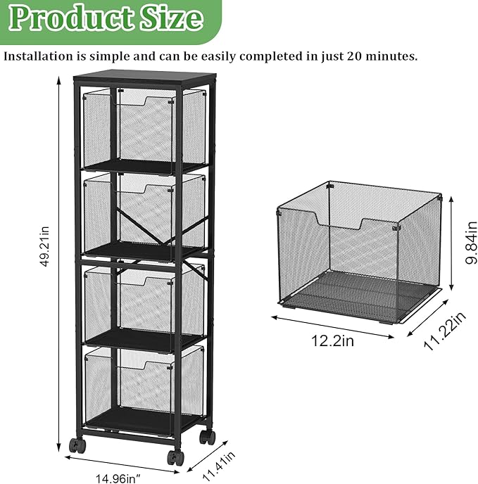 4 Drawers File Cabinet, Vertical Filing Cabinets, Rolling File Cart, Hanging File Folder Organizer with Wheels, Mobile Printer Stand Utility Craft Cart for Home Office,Black