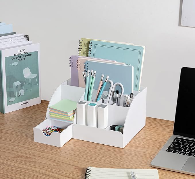 White Desktop Organizer - 9 Compartment Office Desk Accessories Organizer - Pen Holder