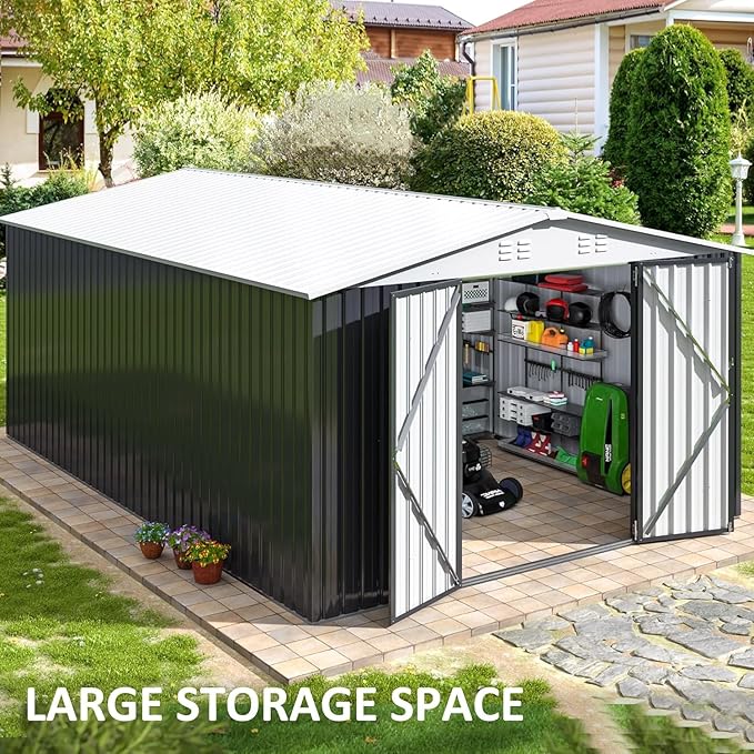 Polar Aurora 10x14 Outdoor Storage Shed, Garden Shed with Updated Frame Structure and Lockable Doors, Metal Tool Sheds for Backyard Garden Patio Lawn, White