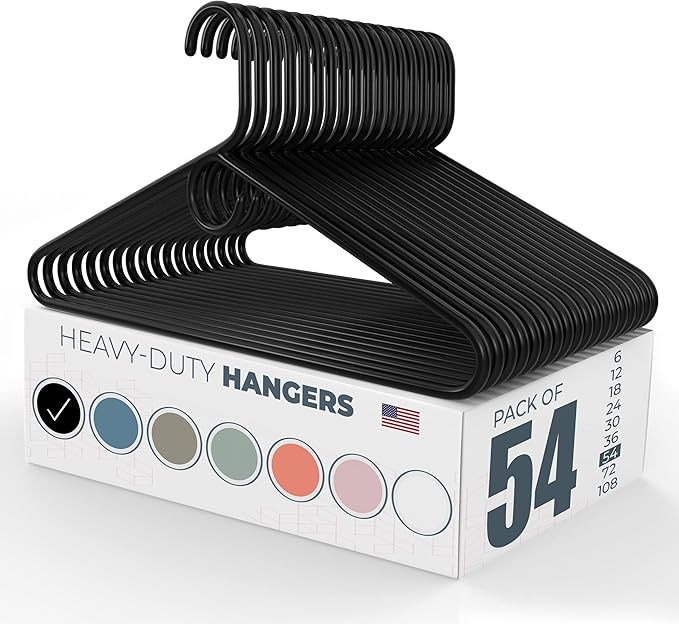 Neaties Heavy Duty Clothes Hangers 50 Pack (54 Count) – Made in The USA – 8lb Capacity Plastic Hangers for Adult Clothing – Durable for Pants, Coats, Jackets, or Jeans – Black