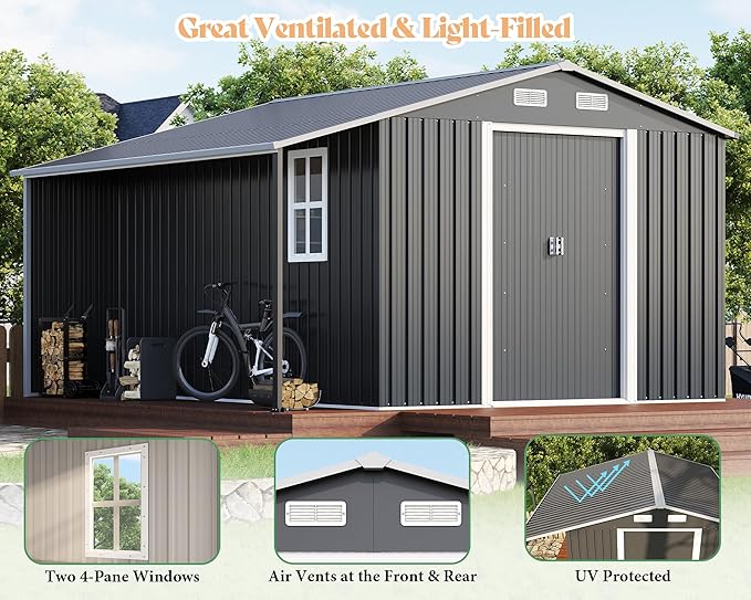 Jocisland Outdoor Storage Shed 10.6x10.3x6.3 FT, Sliding Door Shed with Dual 4-Pane Windows for Wood Storage, Dark Grey/White