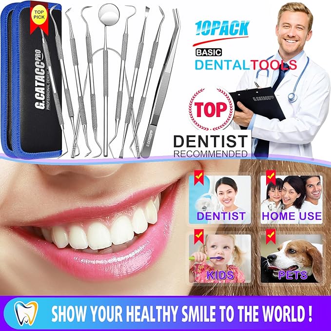 G.CATACC 10 Pack Dental Tools, Professional Plaque Remover for Teeth Cleaning Tools Set, Stainless Steel Hygiene Kit with Dental Pick Tooth Scraper Plaque Tartar Remover Tongue Cleaner - with Case